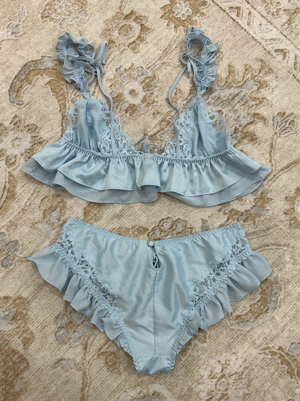 For Love and Lemons Light Blue Lace & Ruffle Satin Lingerie Set